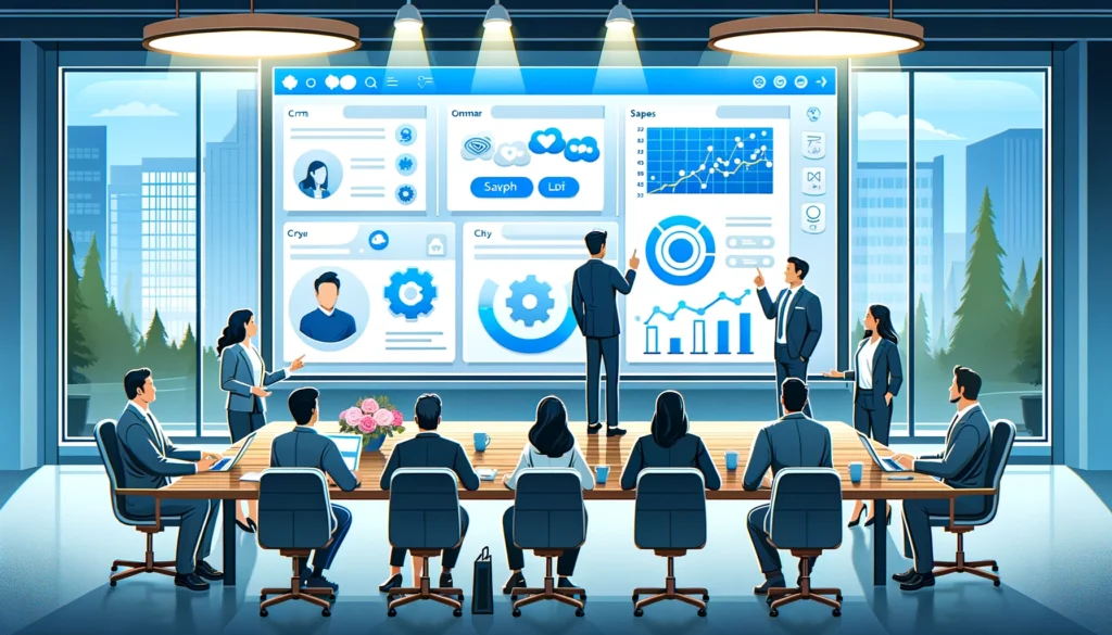 Business meeting discussing Salesforce CRM